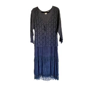 SPELL LADY 100% Silk Crocheted Lace Crinkle Tiered Dress, Medium, Navy Vintage